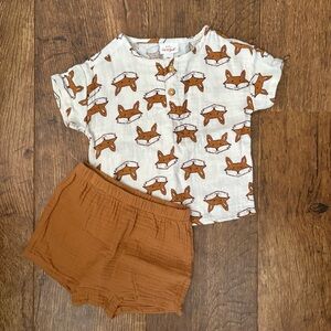 Cat & Jack cream tan fox print gauzy henley top shorts set cotton sz 12M NEW